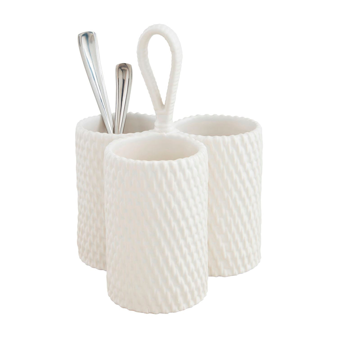 WHITE WOVEN STONEWARE UTENSIL HOLDER