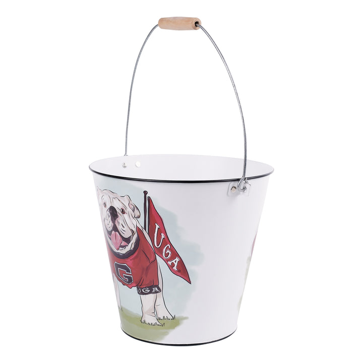 Metal bucket with a bulldog and 'UGA' flag design on a white background