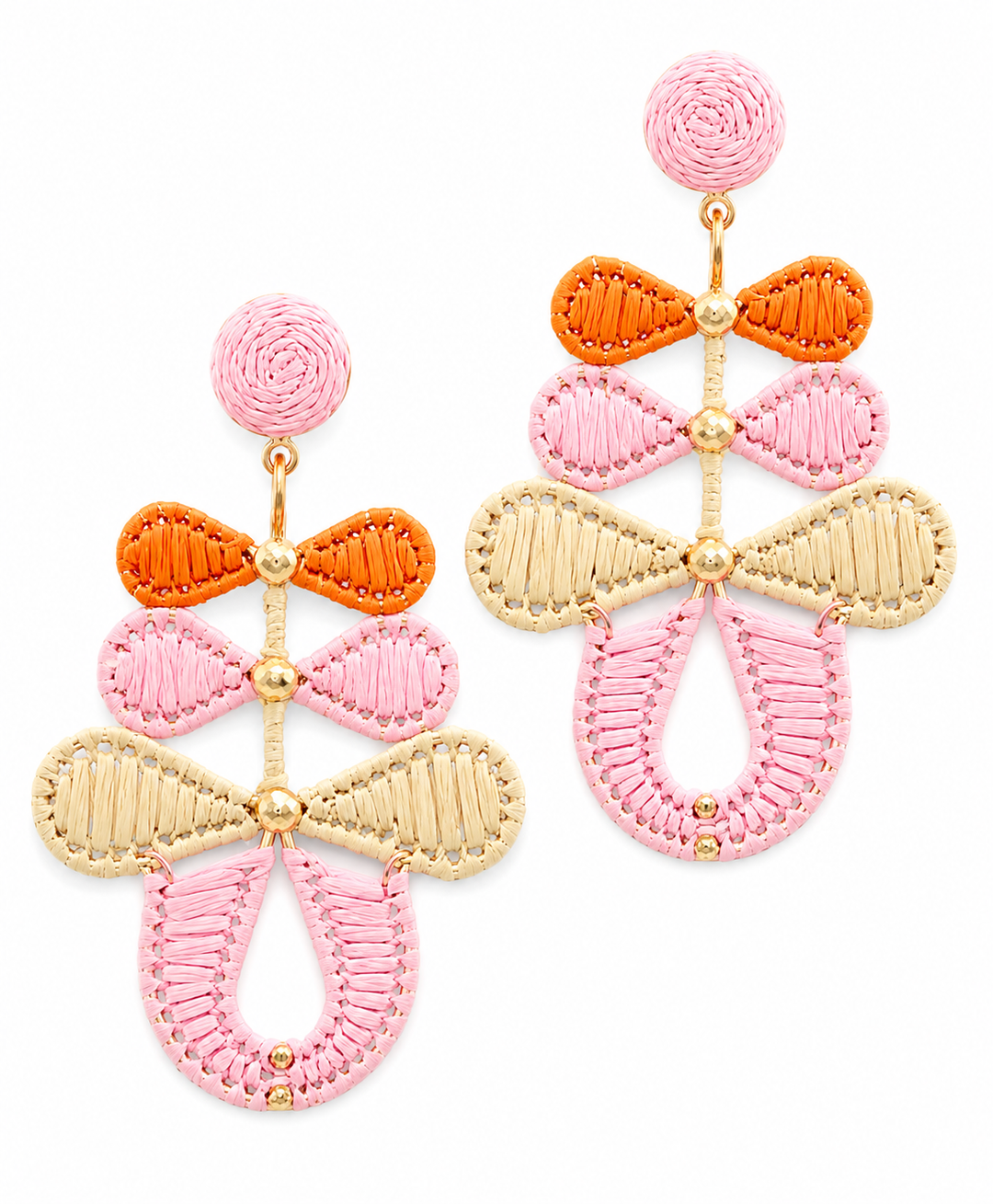 Pink, orange, and natural woven statement earrings with a tiered floral-inspired design | Walker Boutique