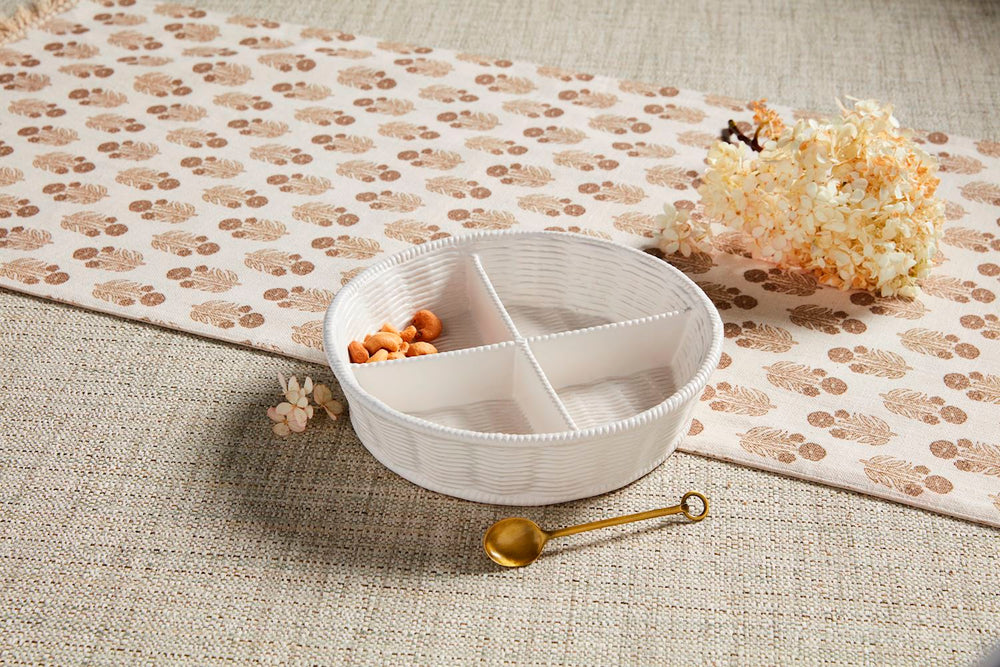 Stoneware five-sectioned tidbit dish with woven basket weave texture ON TEXTRURED BACKGROUND