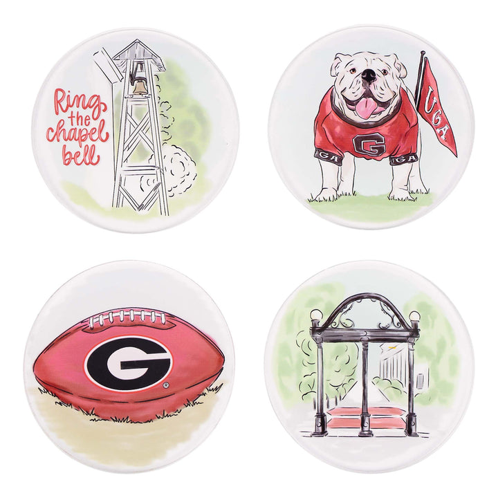 Four coasters with illustrations of a bell tower, bulldog, football, and archway on a white background.