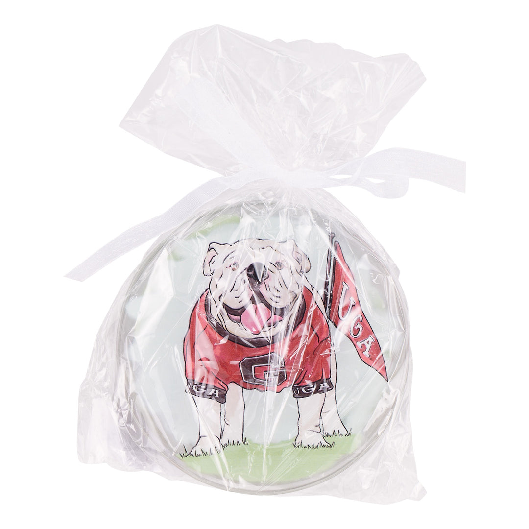 Clear plastic bag with a bulldog wearing a red jersey on a white background