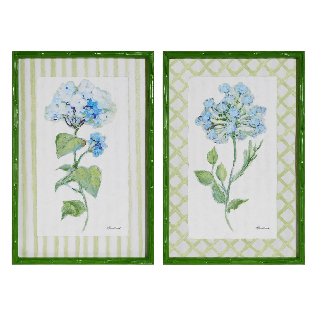 Two floral prints with green frames on a white background