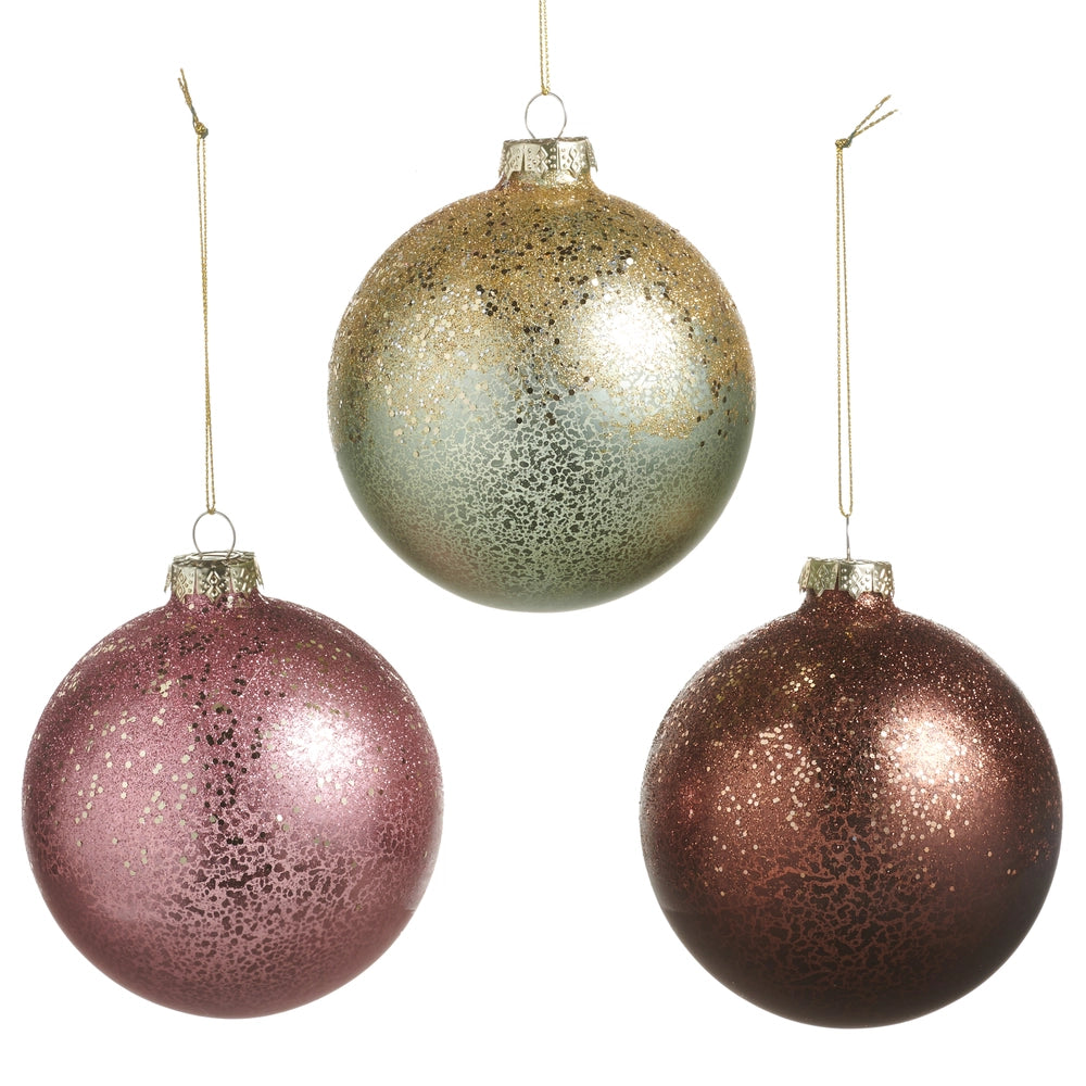 ANTIQUED BALL WITH GLITTER ORNAMENT