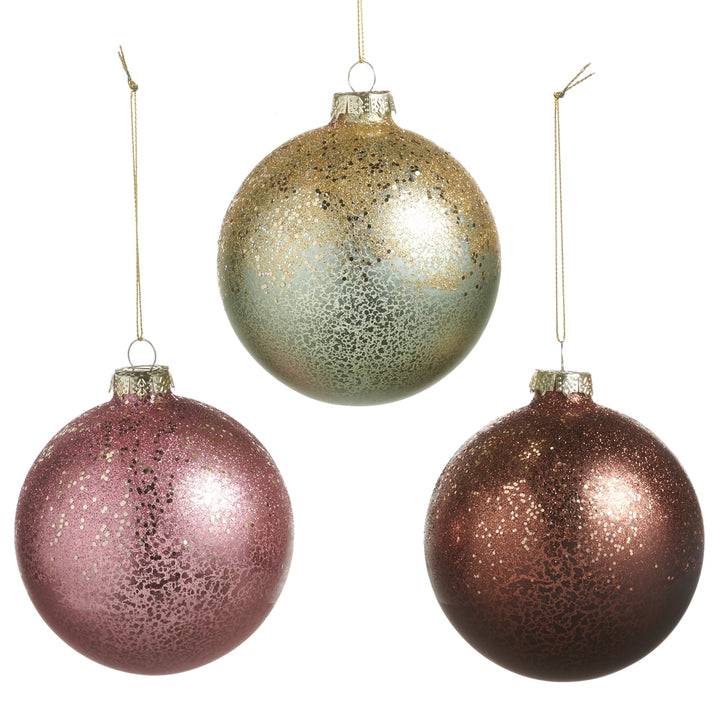 ANTIQUED BALL WITH GLITTER ORNAMENT