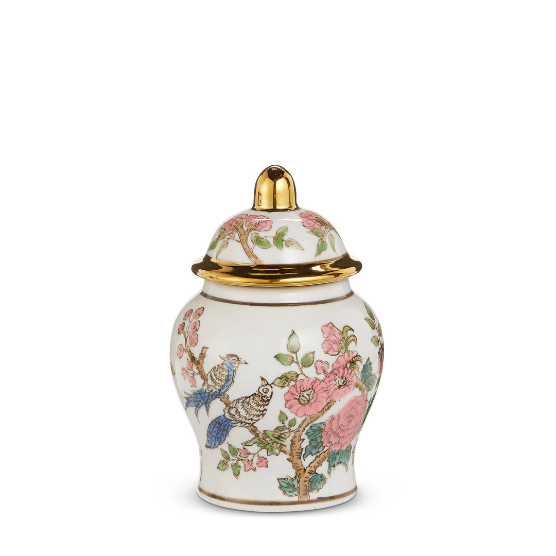 Decorative ceramic jar with floral and bird patterns on a white background