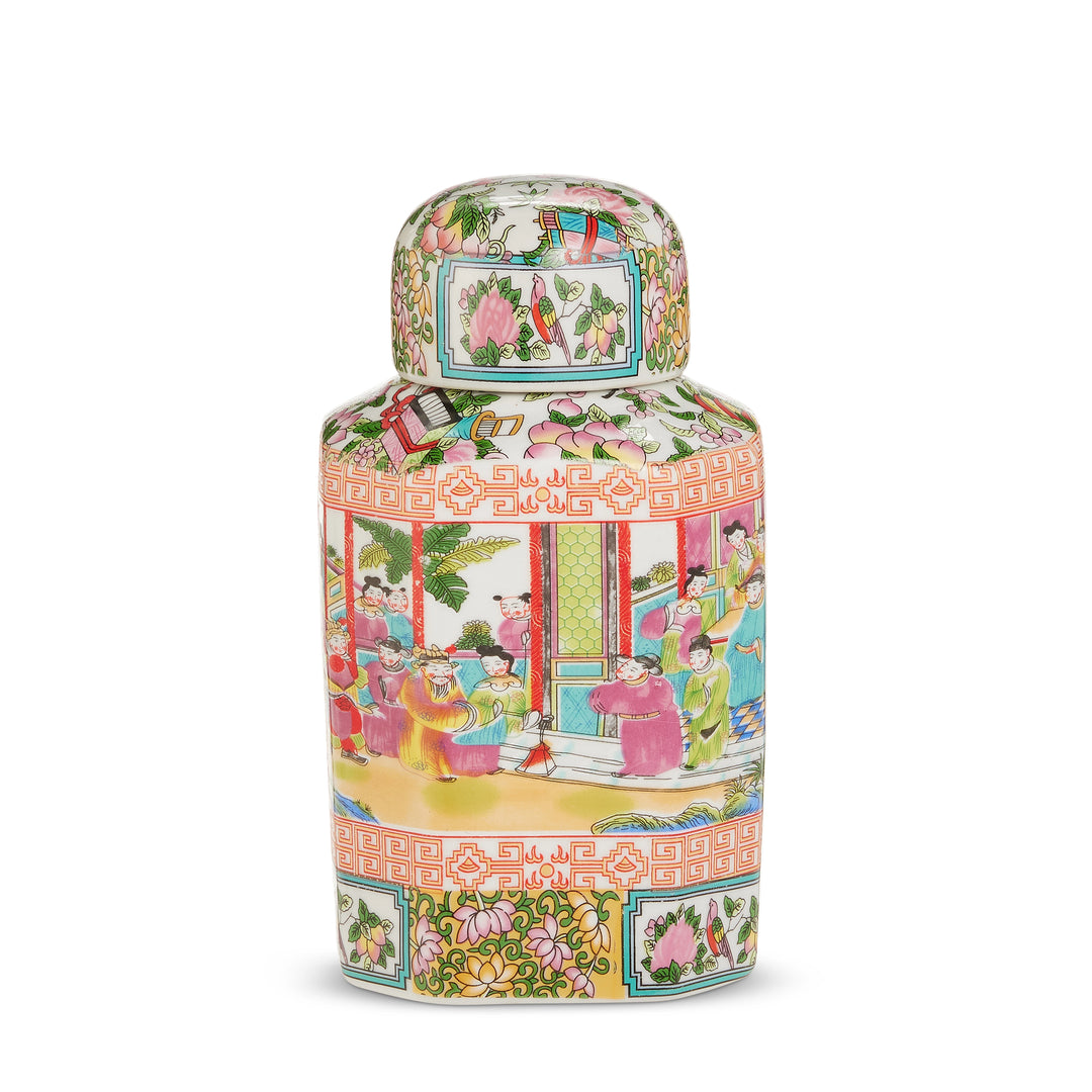 Decorative ceramic jar with colorful design on a white background