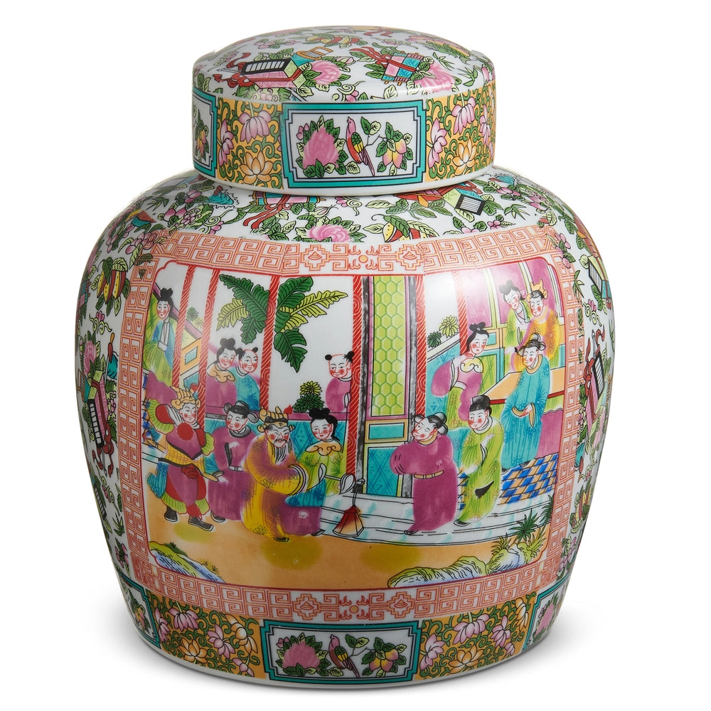 Colorful painted chinoiserie ceramic ginger jar with lid and scenic design | Walker Boutique