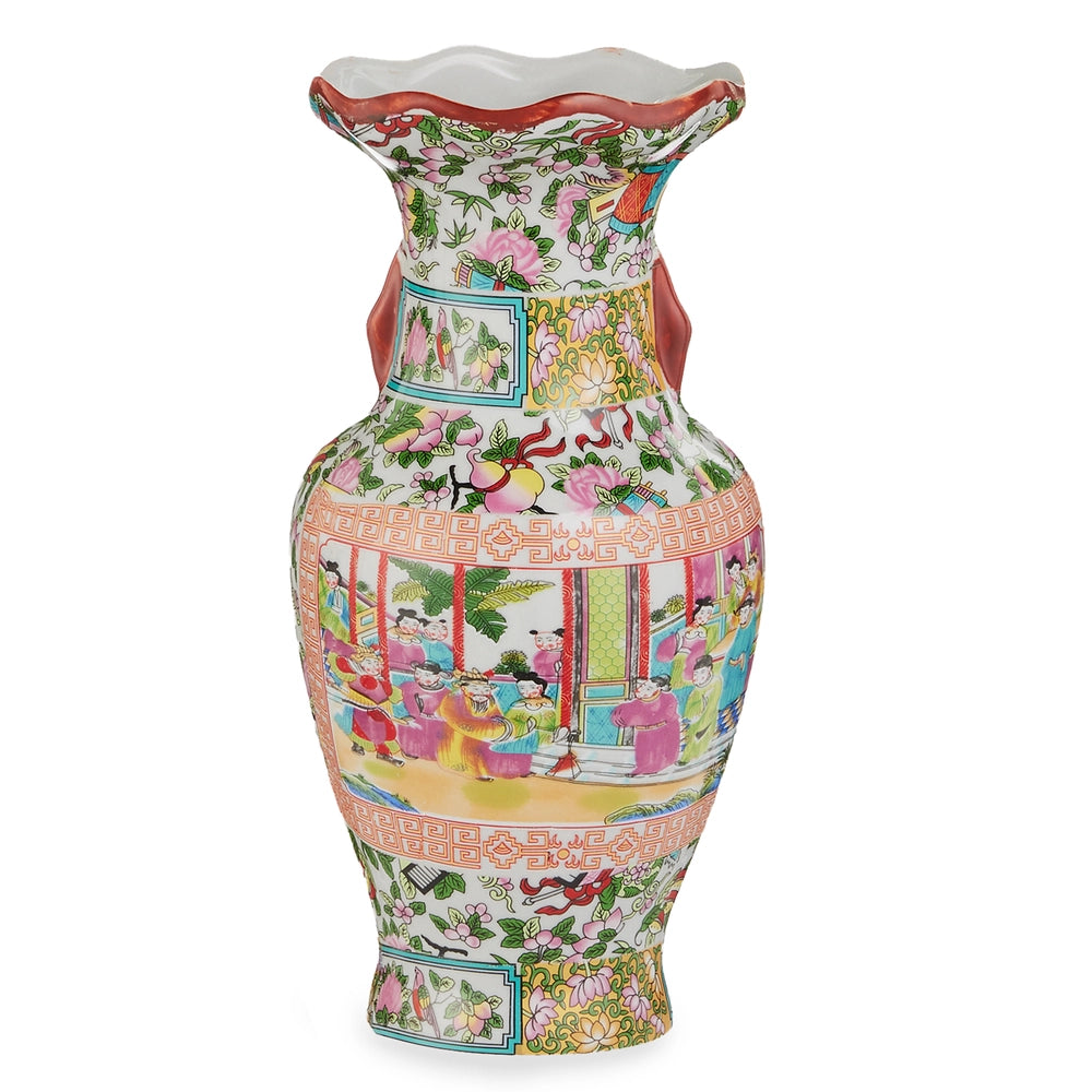 Colorful hand-painted chinoiserie ceramic vase with scalloped rim and scenic design | Walker Boutique
