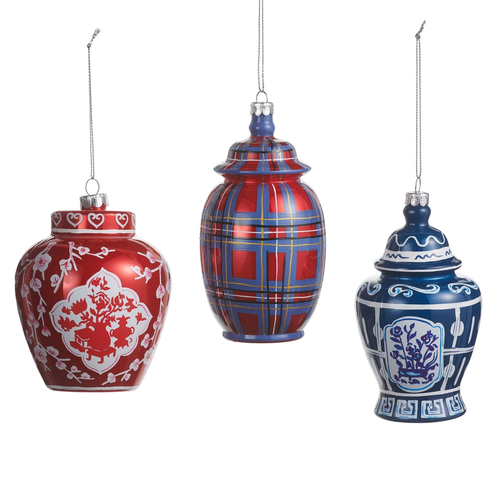 red, plaid, and blue ginger jar assortment ornaments (set of 3)