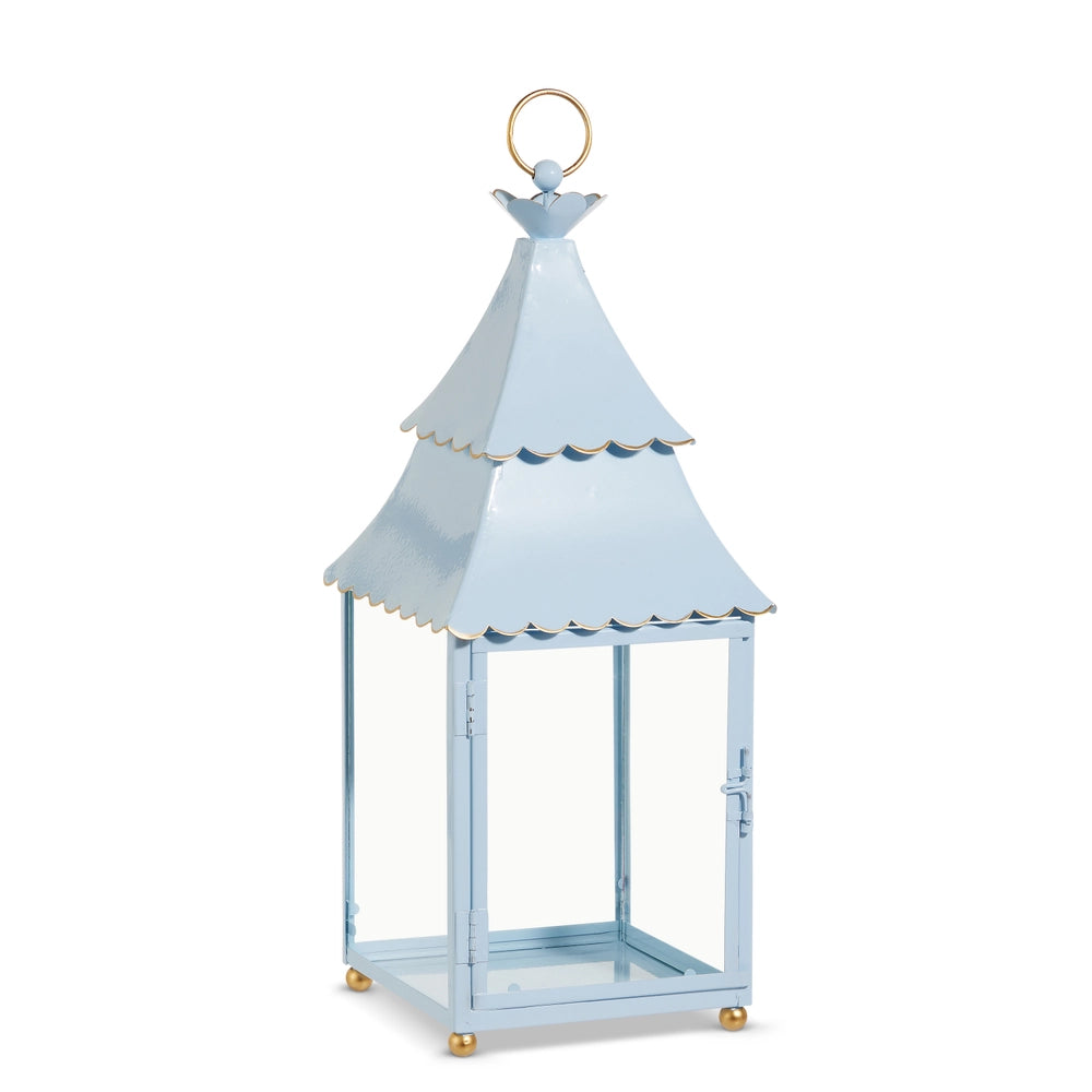 Light blue scalloped metal lantern with gold trim and glass panels | Walker Boutique