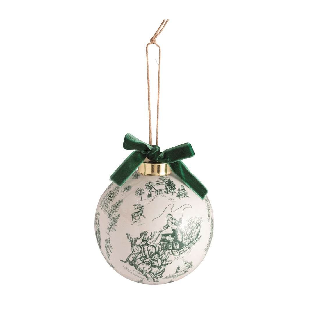 santa and reindeer toile green ornament