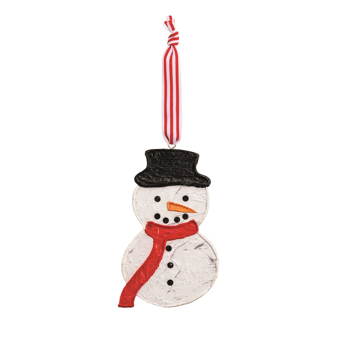 snow man ornament with red and white stripe ribbon