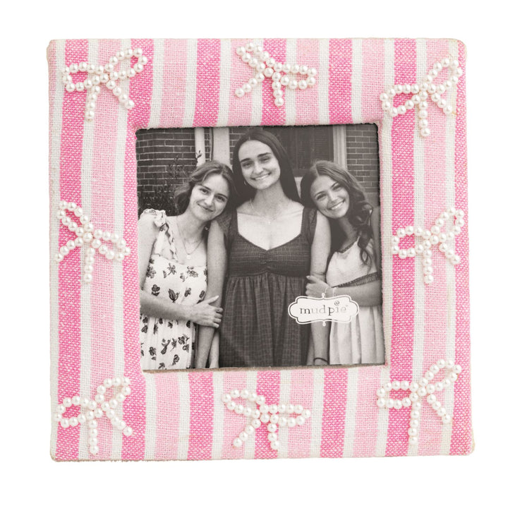 PEARL BOWS PINK STRIPE BEADED FRAME
