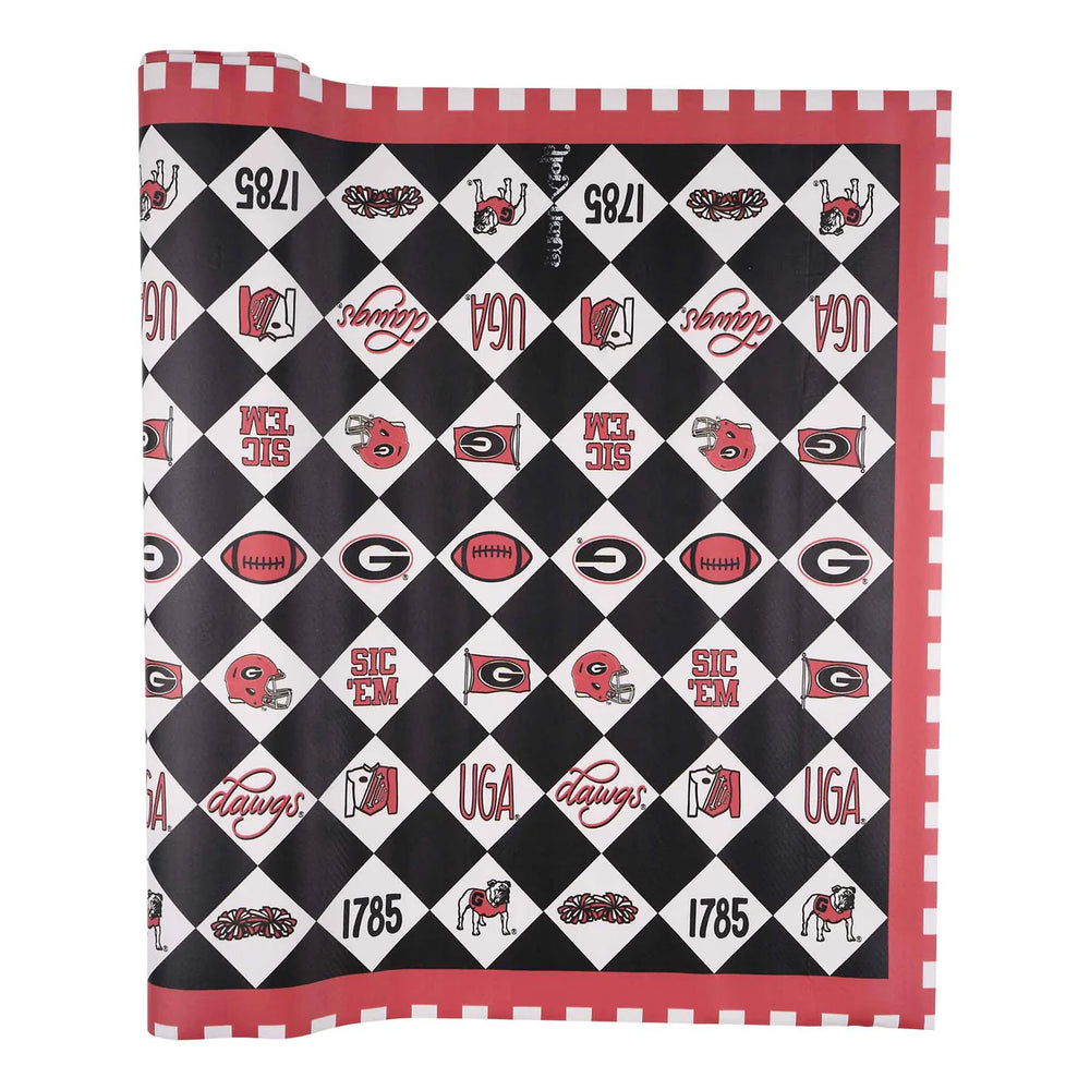 Georgia Bulldogs kitchen towel with a black and white harlequin pattern and red gingham border | Walker Boutique