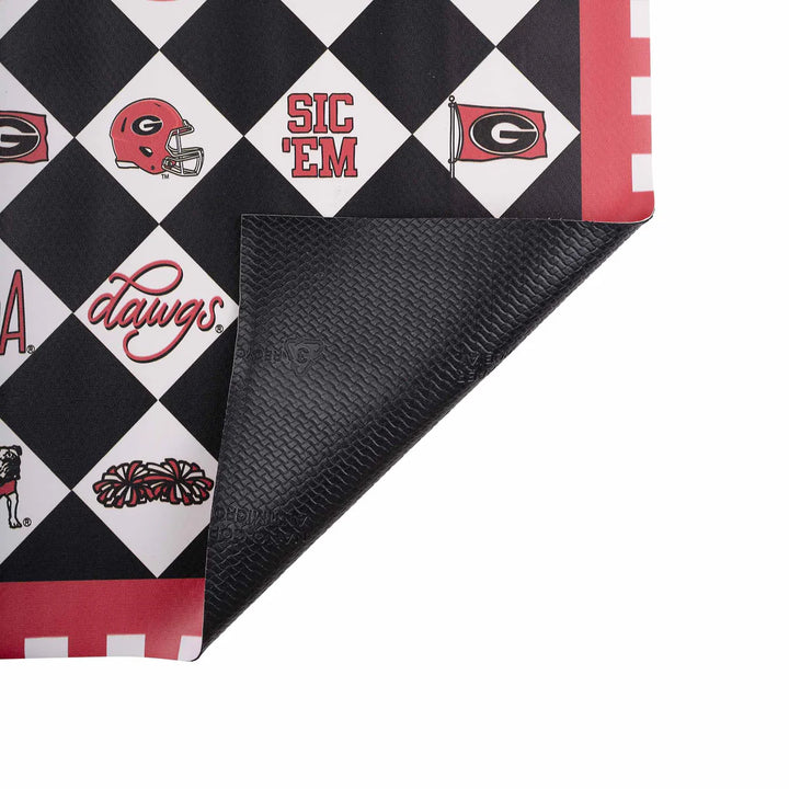 Georgia Bulldogs floor mat with a black and white harlequin pattern and red gingham border | Walker Boutique