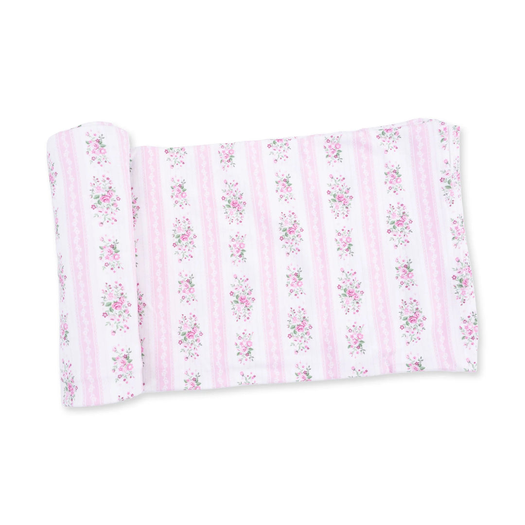 Angel Dear Bella Rose Stripe Swaddle Blanket displayed to show the full baby blanket and bella rose stripe design