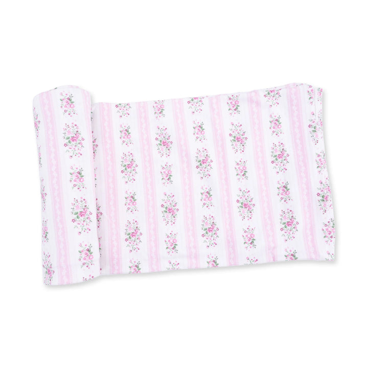 Angel Dear Bella Rose Stripe Swaddle Blanket displayed to show the full baby blanket and bella rose stripe design