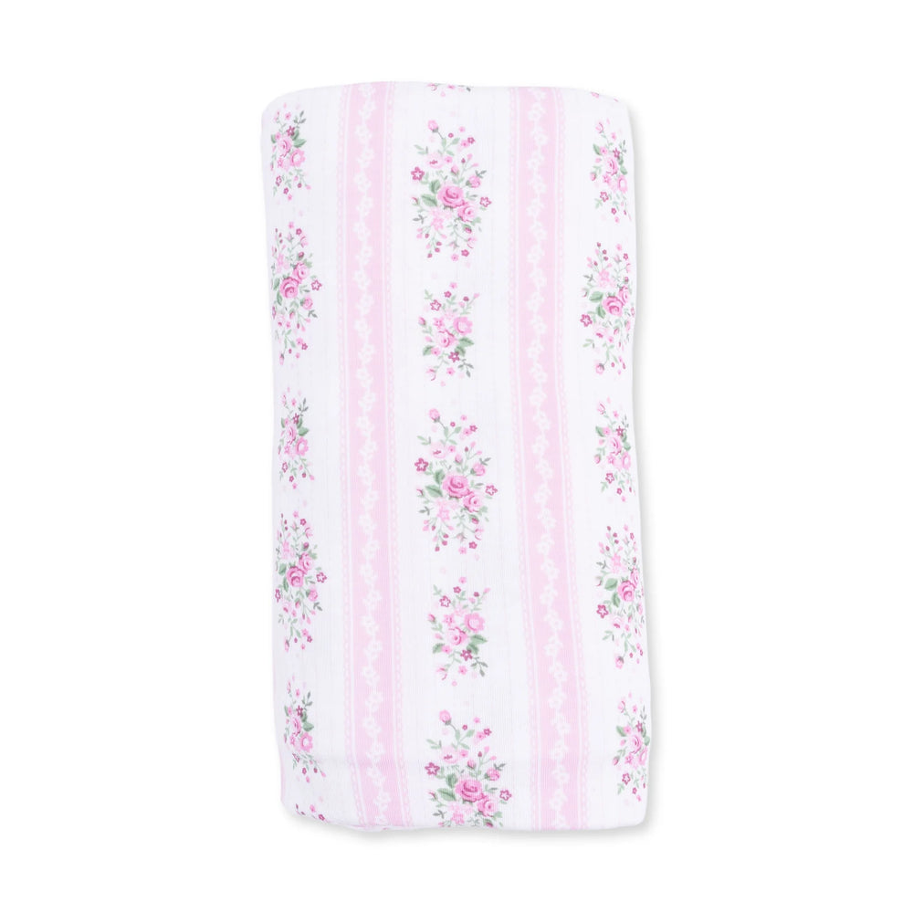 Angel Dear Bella Rose Stripe Swaddle Blanket close-up highlighting the bella rose stripe design across the blanket