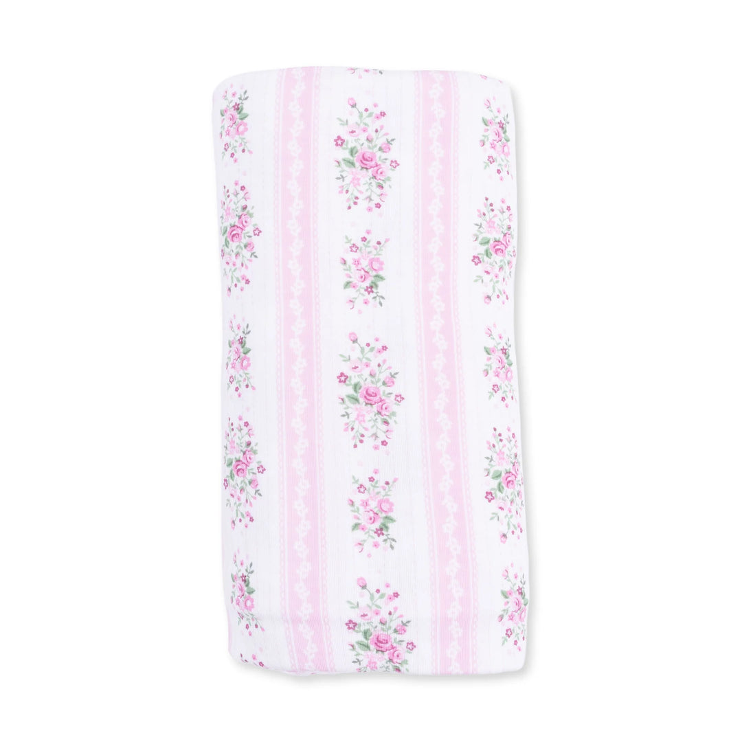 Angel Dear Bella Rose Stripe Swaddle Blanket close-up highlighting the bella rose stripe design across the blanket
