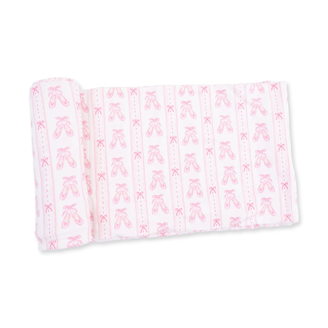 Angel Dear Ballet Shoes Ribbon Stripe Swaddle Blanket displayed to show the full baby blanket and ballet shoes ribbon stripe design
