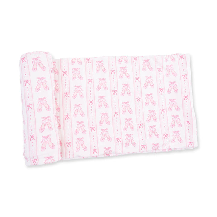 Angel Dear Ballet Shoes Ribbon Stripe Swaddle Blanket displayed to show the full baby blanket and ballet shoes ribbon stripe design