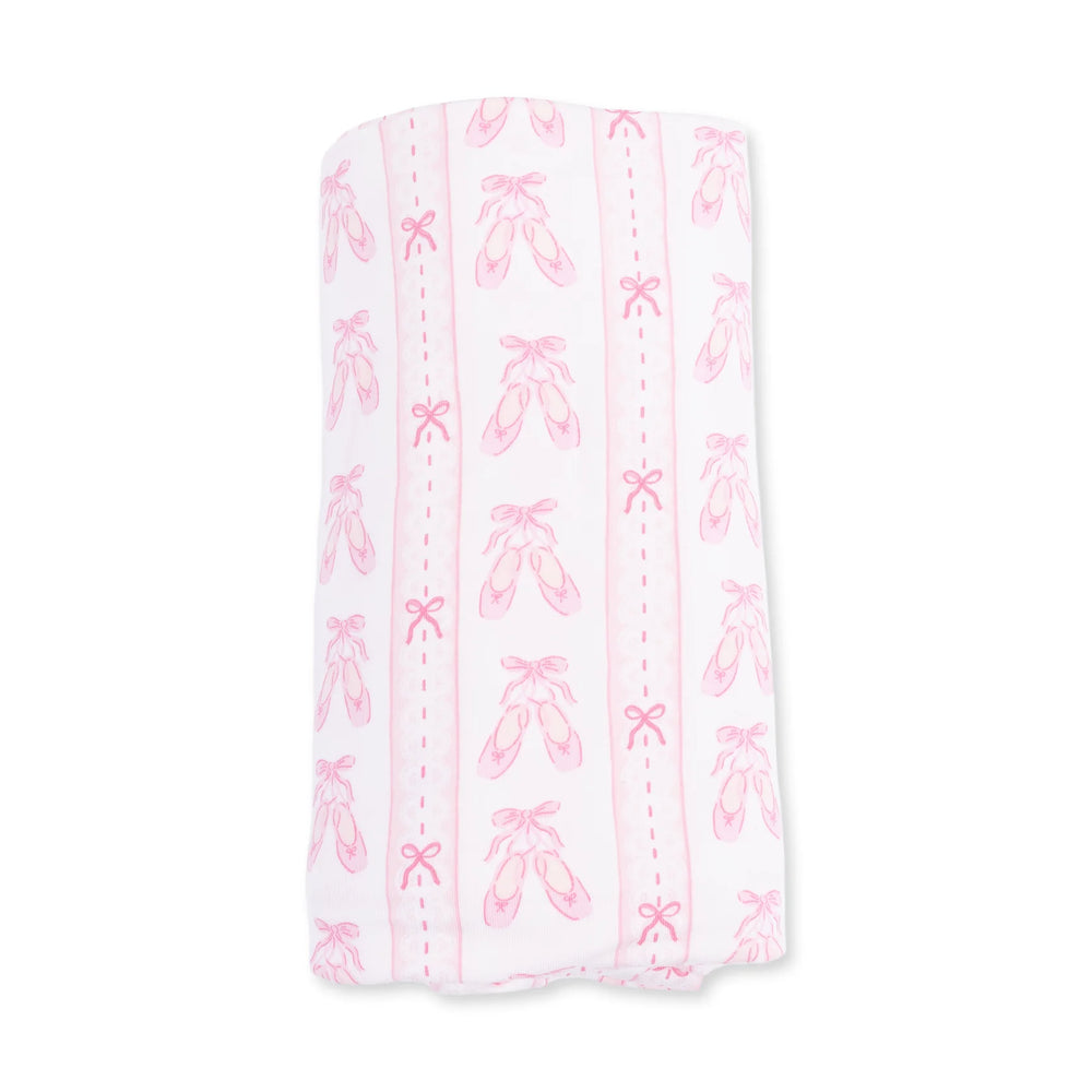 Angel Dear Ballet Shoes Ribbon Stripe Swaddle Blanket close-up highlighting the ballet shoes ribbon stripe design across the blanket