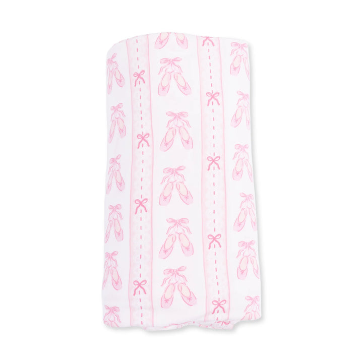 Angel Dear Ballet Shoes Ribbon Stripe Swaddle Blanket close-up highlighting the ballet shoes ribbon stripe design across the blanket