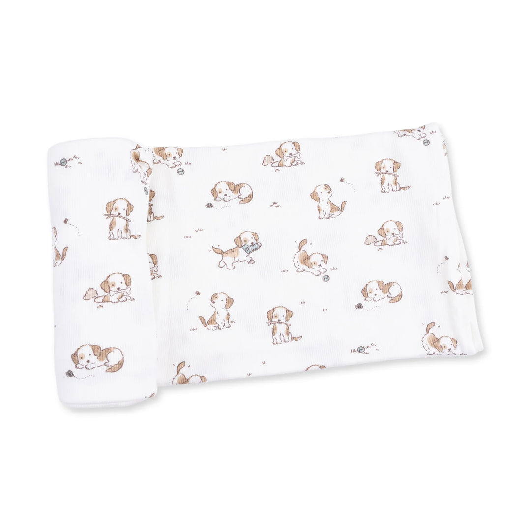 Angel Dear Explorer Puppy Blue Swaddle Blanket displayed to show the full baby blanket and explorer puppy blue design