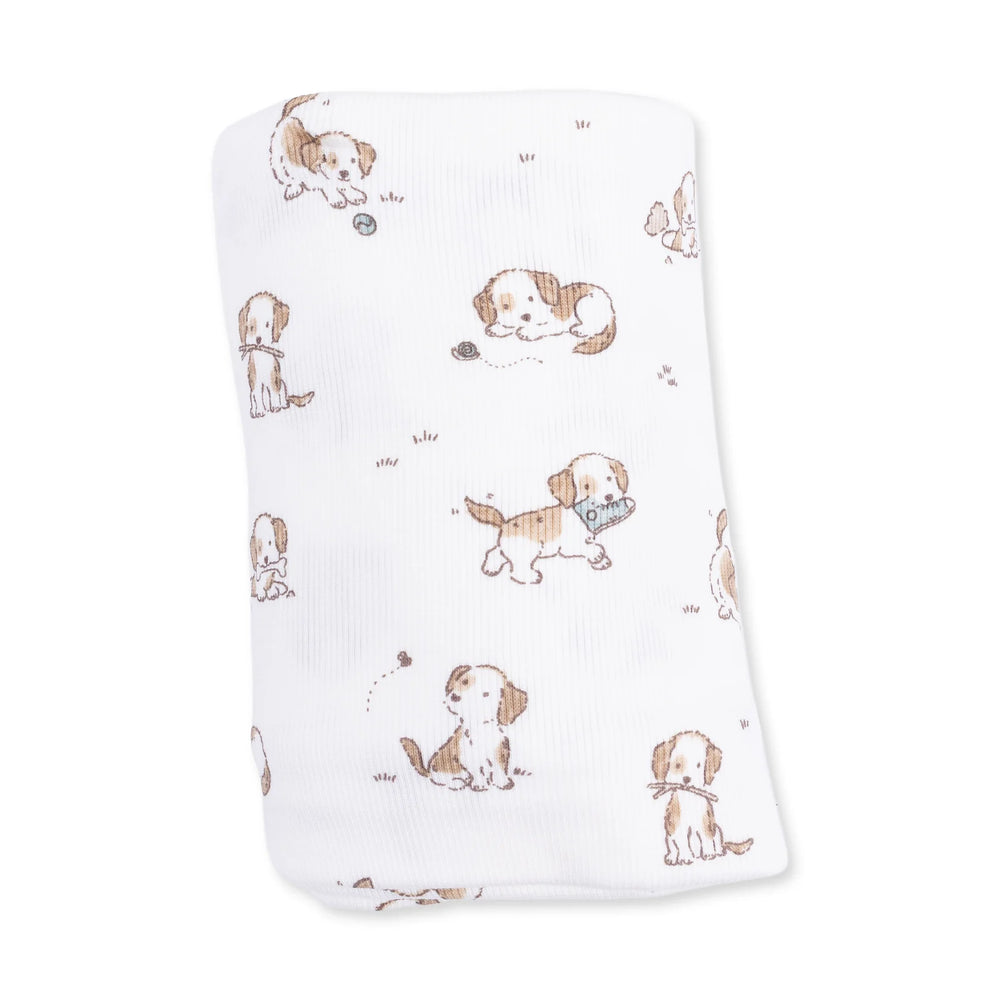 Angel Dear Explorer Puppy Blue Swaddle Blanket close-up highlighting the explorer puppy blue design across the blanket