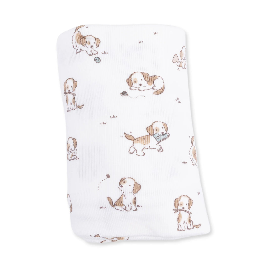 Angel Dear Explorer Puppy Blue Swaddle Blanket close-up highlighting the explorer puppy blue design across the blanket