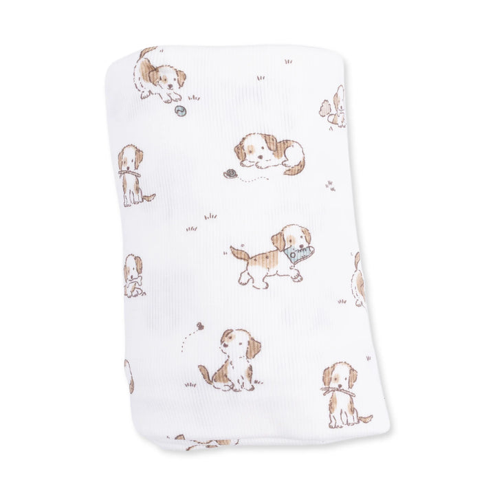 Angel Dear Explorer Puppy Blue Swaddle Blanket close-up highlighting the explorer puppy blue design across the blanket