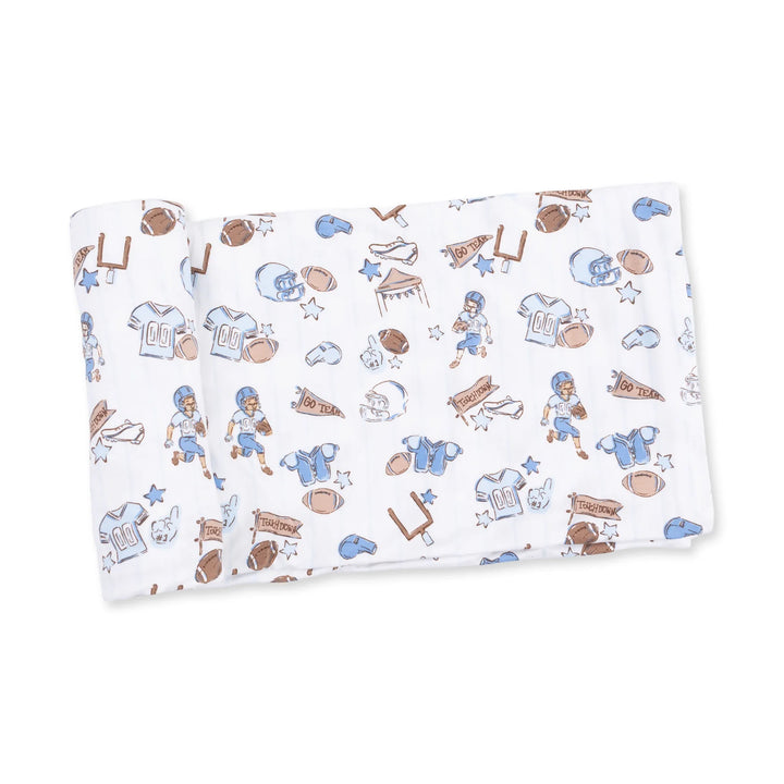 Angel Dear Football Nursery Swaddle Blanket displayed to show the full baby blanket and football nursery design