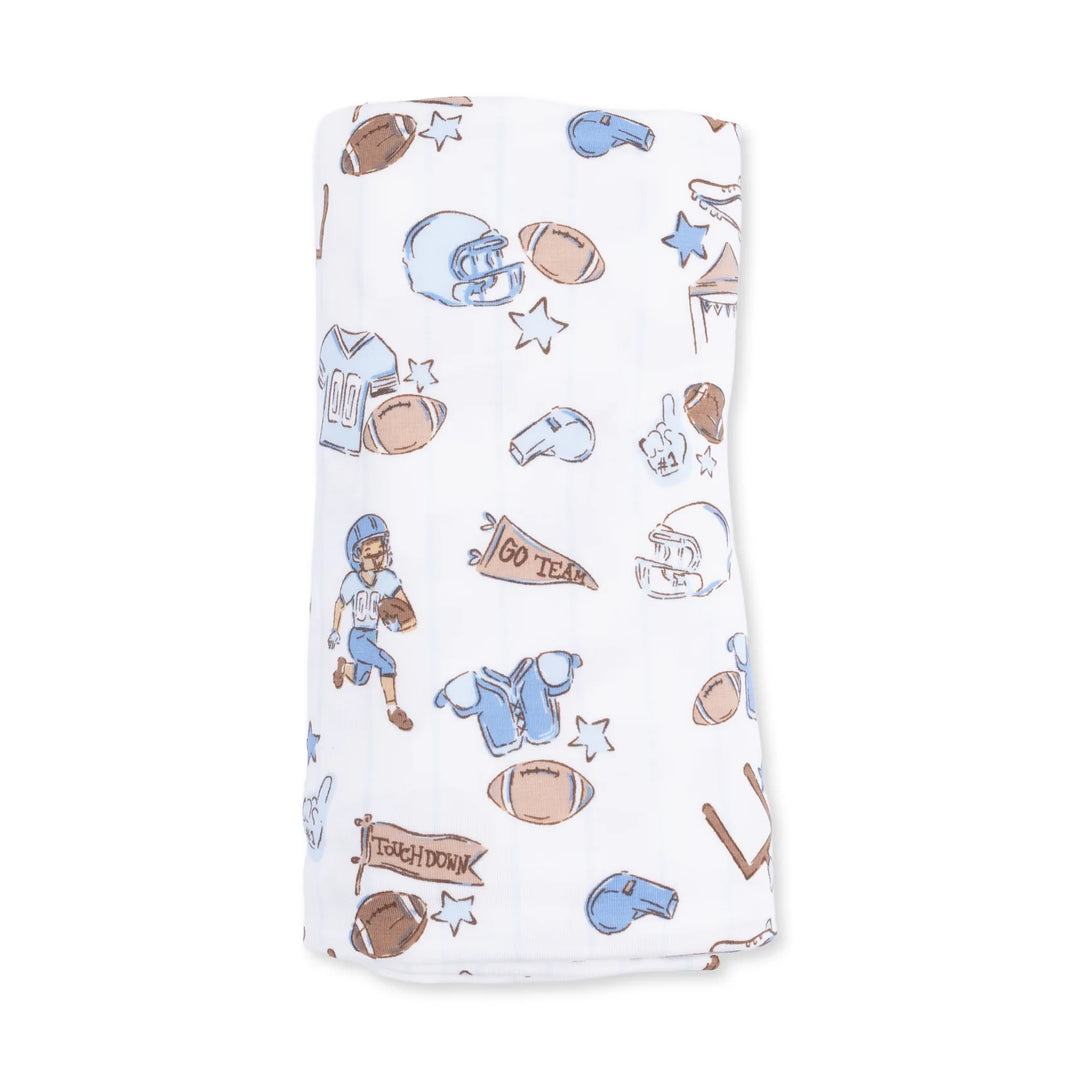 Angel Dear Football Nursery Swaddle Blanket close-up highlighting the football nursery design across the blanket