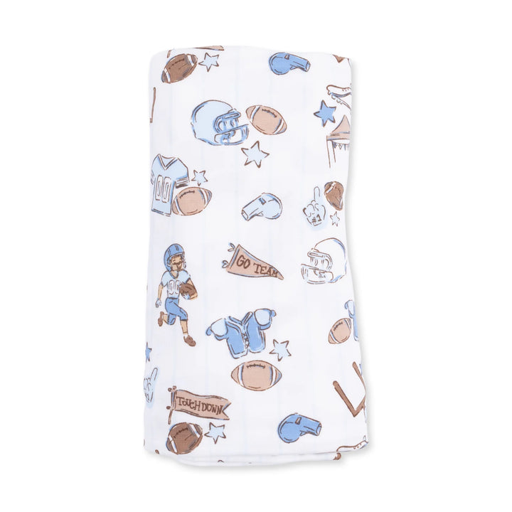 Angel Dear Football Nursery Swaddle Blanket close-up highlighting the football nursery design across the blanket