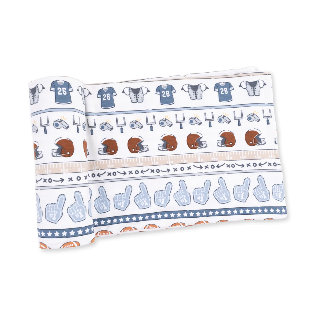 Angel Dear Football Stripe Swaddle Blanket displayed to show the full baby blanket and football stripe design