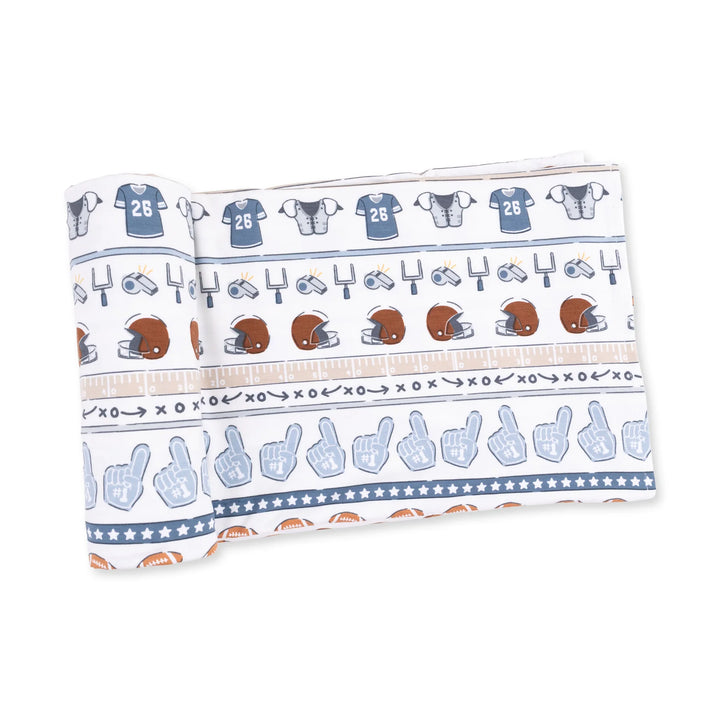 Angel Dear Football Stripe Swaddle Blanket displayed to show the full baby blanket and football stripe design