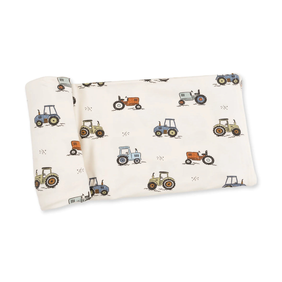 Angel Dear Future Farmer Swaddle Blanket displayed to show the full baby blanket and future farmer design