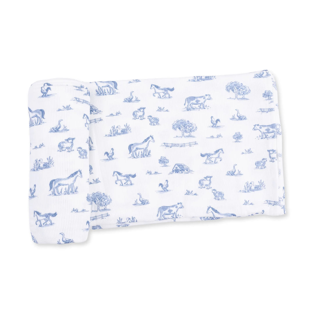 Angel Dear Farm Friends Swaddle Blanket displayed to show the full baby blanket and farm friends design