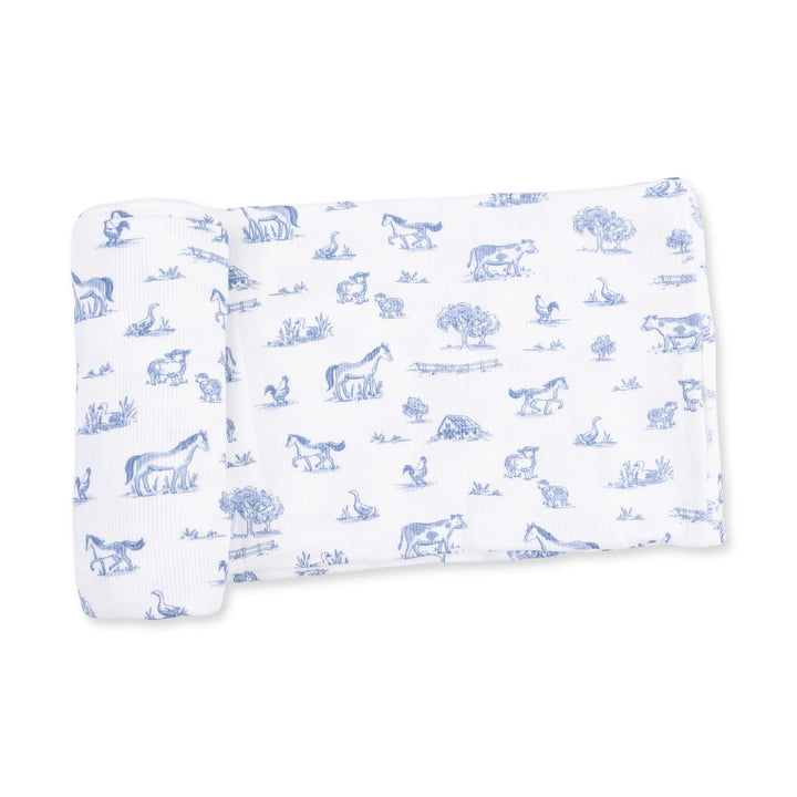 Angel Dear Farm Friends Swaddle Blanket displayed to show the full baby blanket and farm friends design