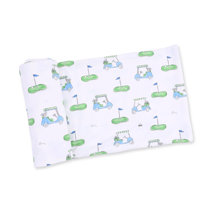 Angel Dear Golf Carts Blue Swaddle Blanket displayed to show the full baby blanket and golf carts blue design