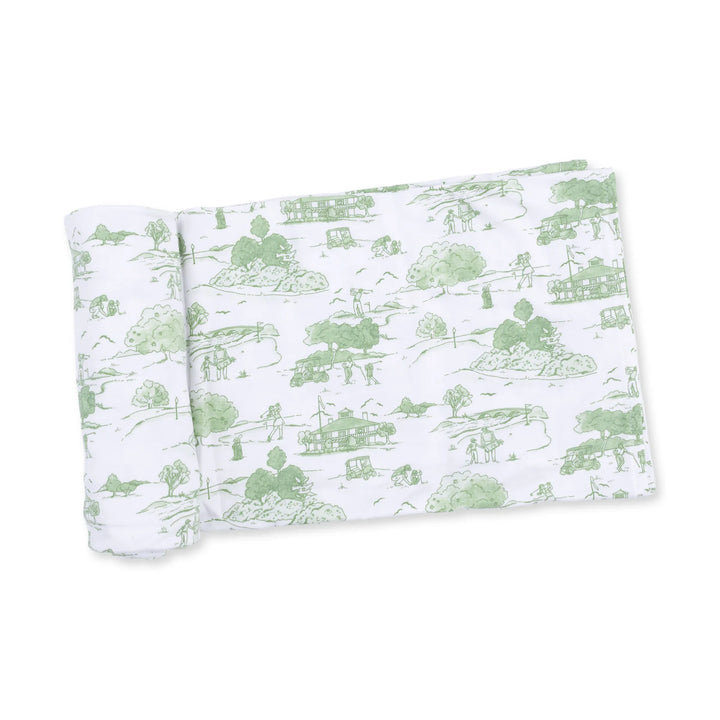 Angel Dear Golf Toile Green Swaddle Blanket displayed to show the full baby blanket and golf toile green design