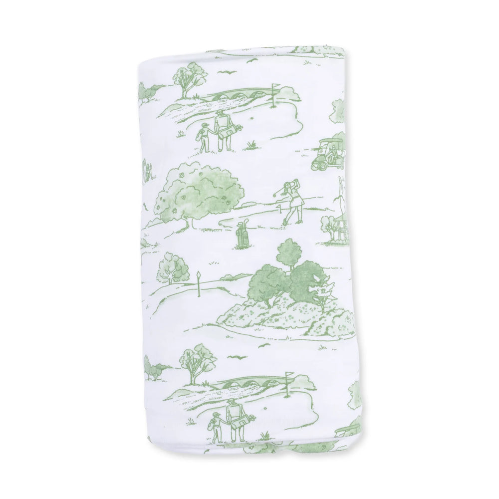 Angel Dear Golf Toile Green Swaddle Blanket close-up highlighting the golf toile green design across the blanket