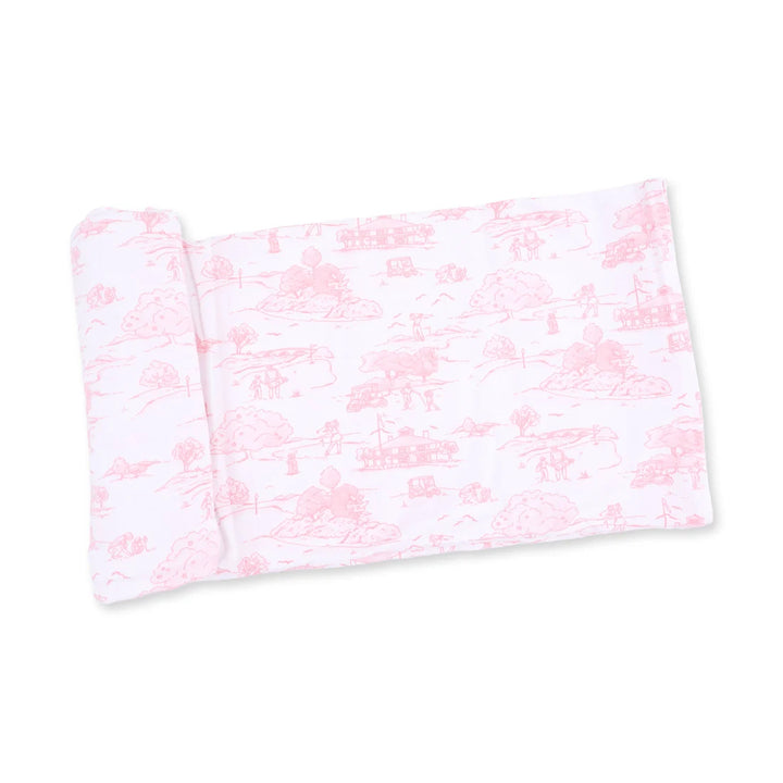 Angel Dear Golf Toile Pink Swaddle Blanket displayed to show the full baby blanket and golf toile pink design