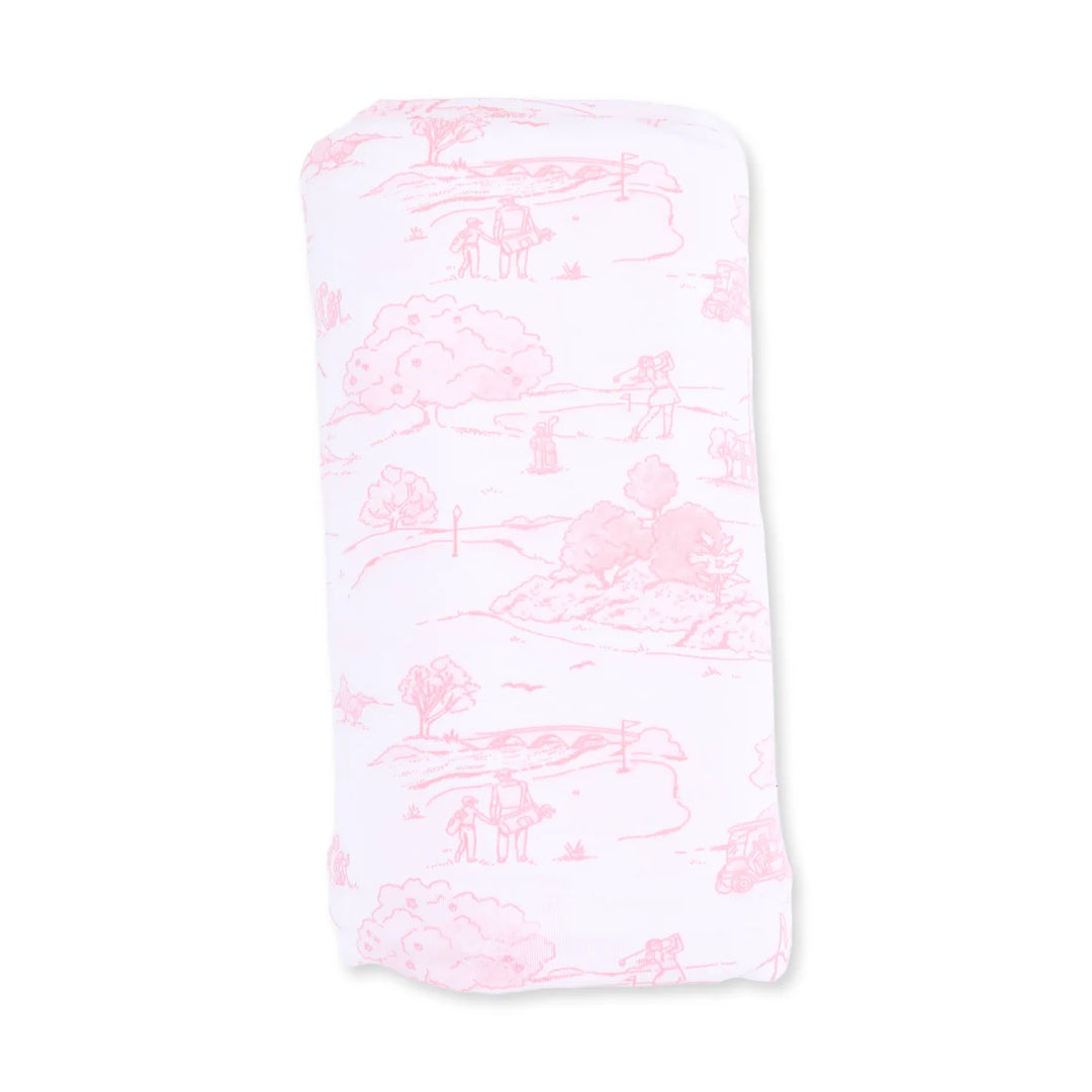 Angel Dear Golf Toile Pink Swaddle Blanket close-up highlighting the golf toile pink design across the blanket