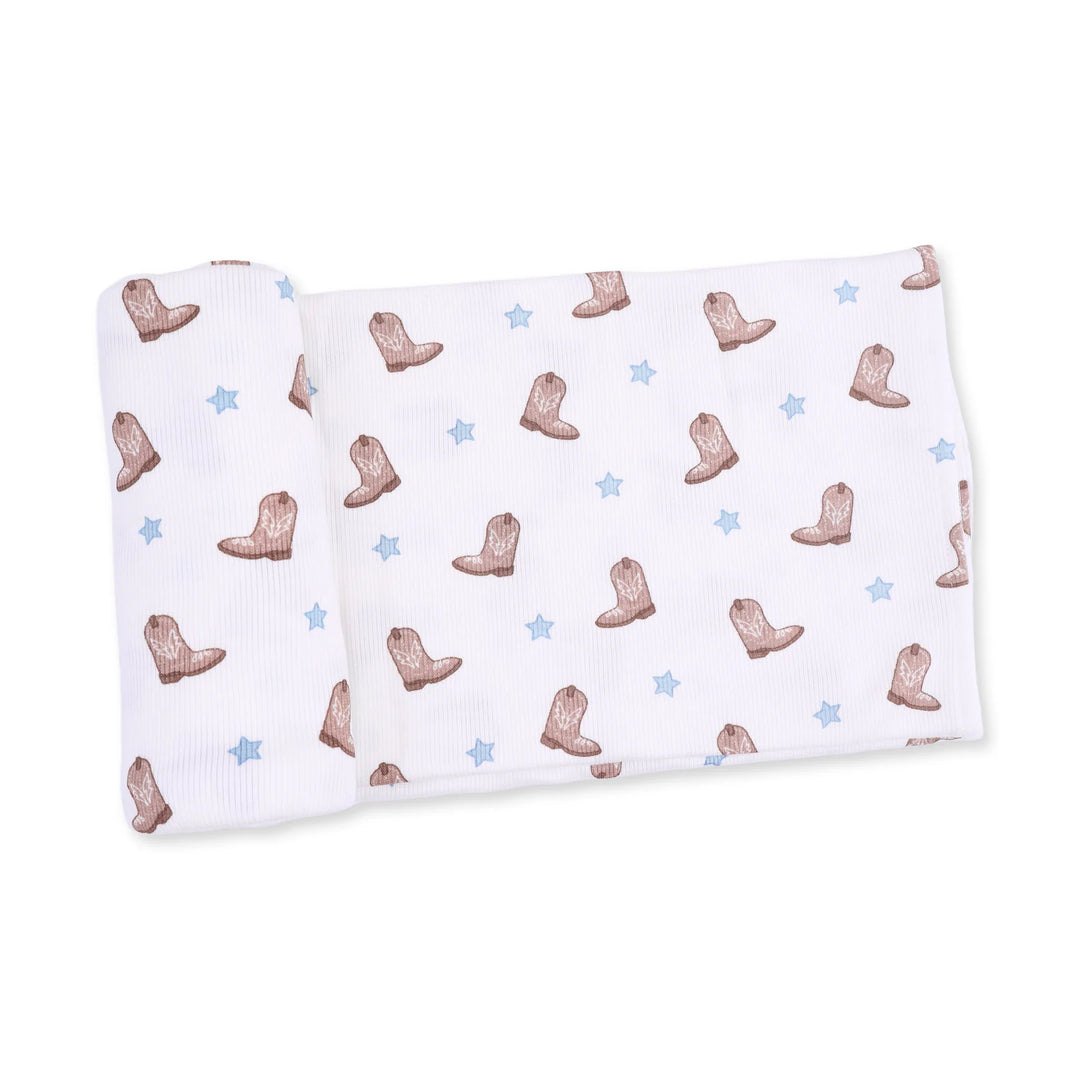 Angel Dear Mini Cowboy Boots Swaddle Blanket displayed to show the full baby blanket and mini cowboy boots design