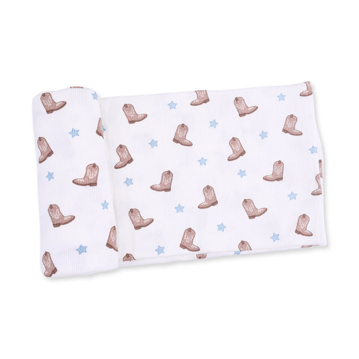 Angel Dear Mini Cowboy Boots Swaddle Blanket displayed to show the full baby blanket and mini cowboy boots design