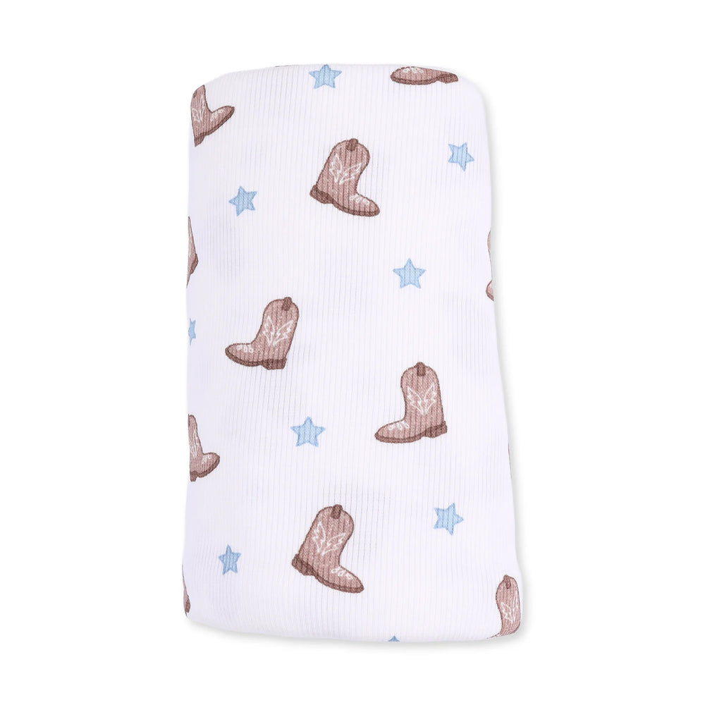 Angel Dear Mini Cowboy Boots Swaddle Blanket close-up highlighting the mini cowboy boots design across the blanket