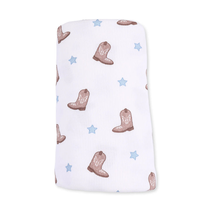 Angel Dear Mini Cowboy Boots Swaddle Blanket close-up highlighting the mini cowboy boots design across the blanket