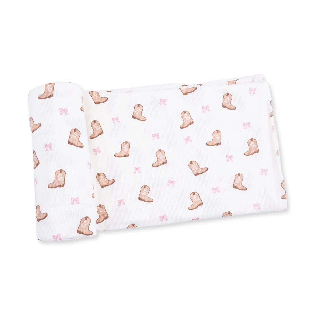Angel Dear Mini Cowgirl Boots Swaddle Blanket displayed to show the full baby blanket and mini cowgirl boots design